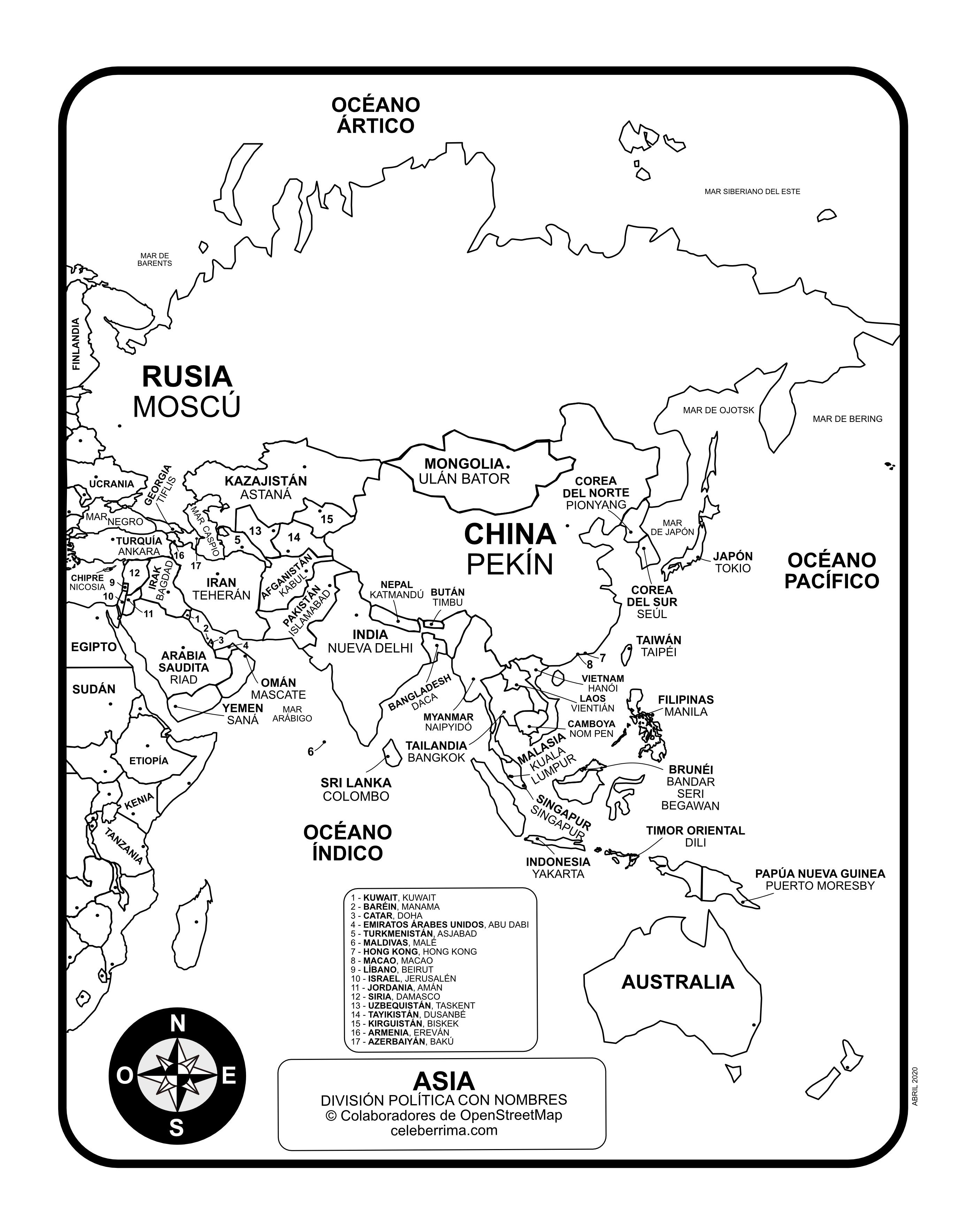 Mapa Asia Con División Política Con Y Sin Nombres Celebé