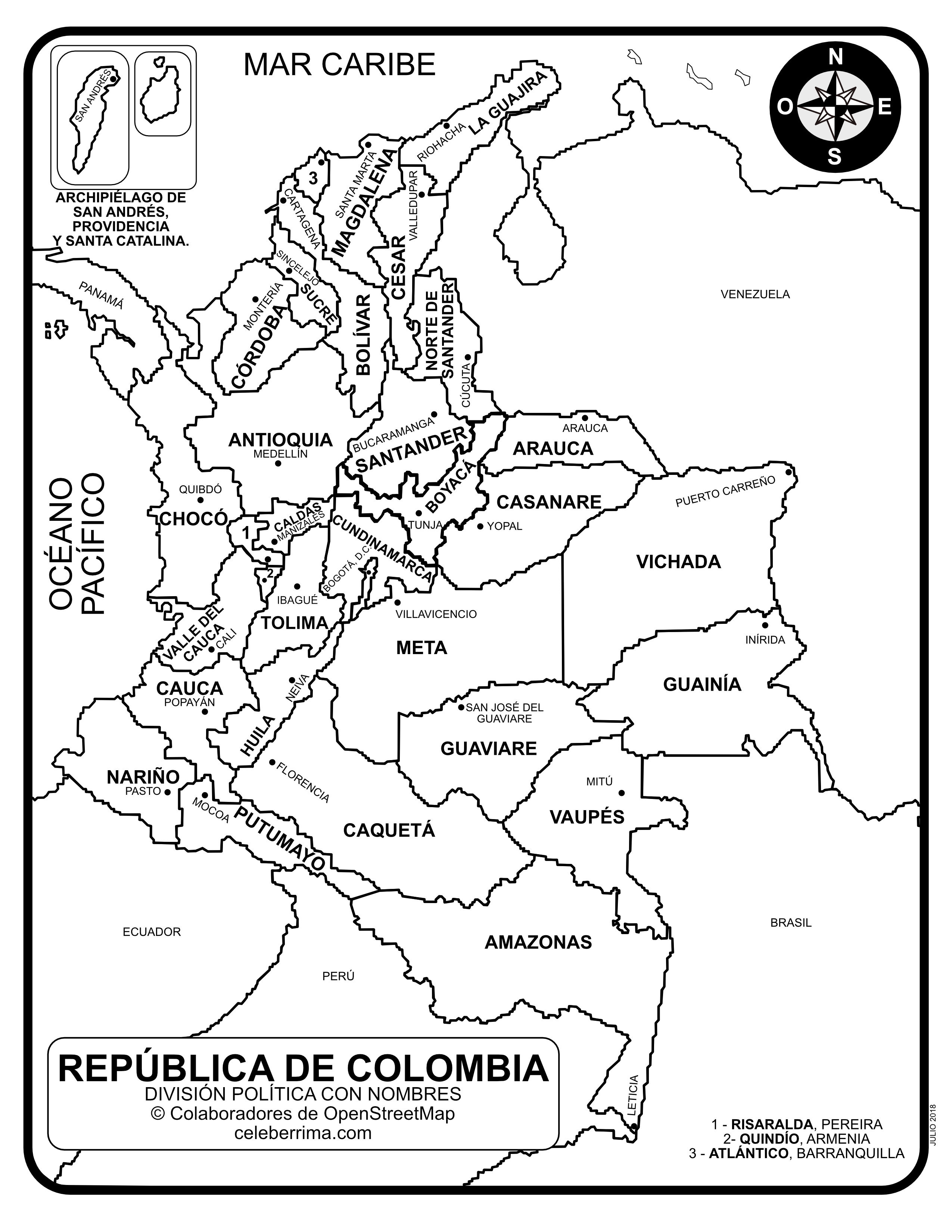 Mapa De Colombia Con Sus Departamentos Y Capitales Para Colorear