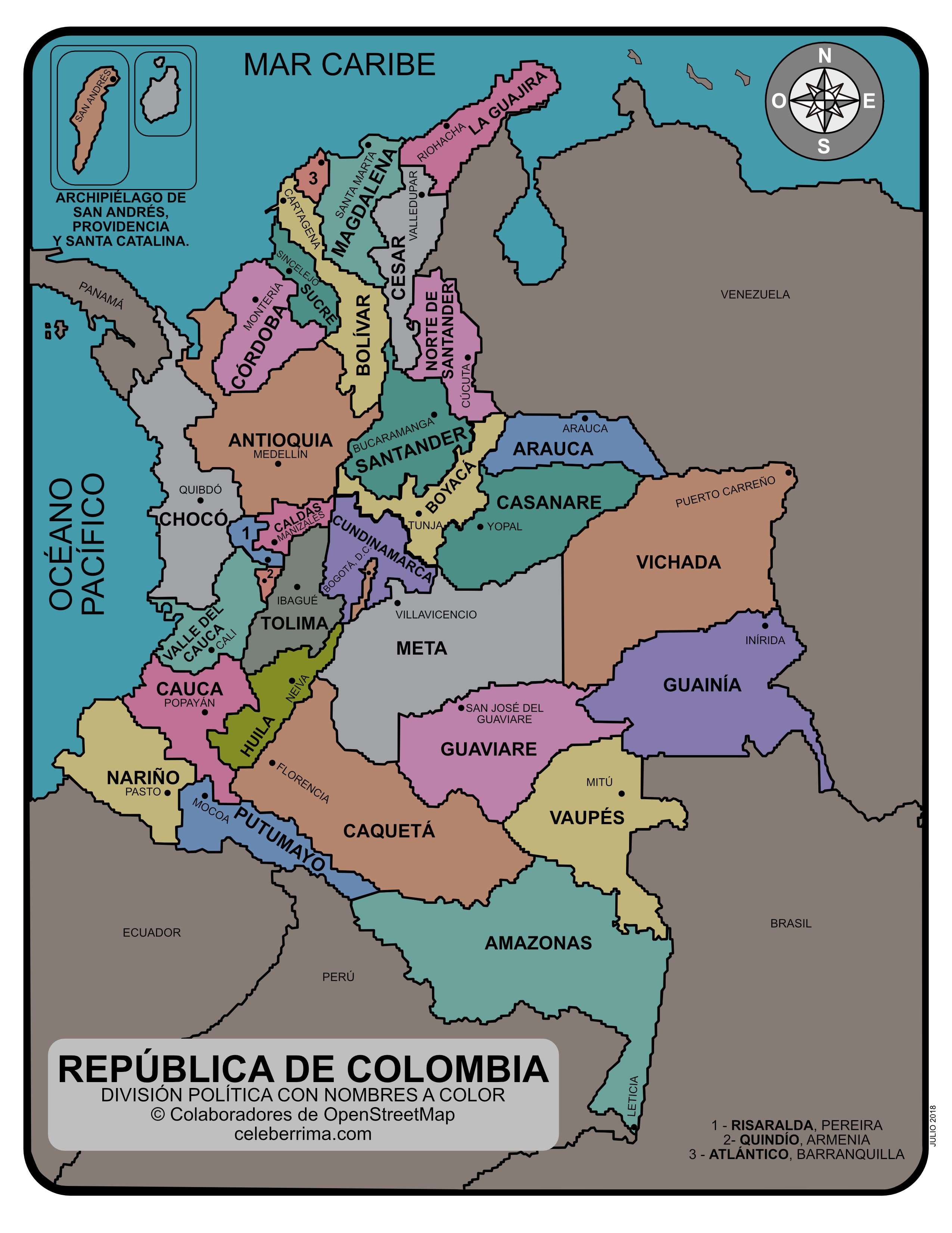 Mapa de Colombia con sus departamentos y capitales para colorear ...