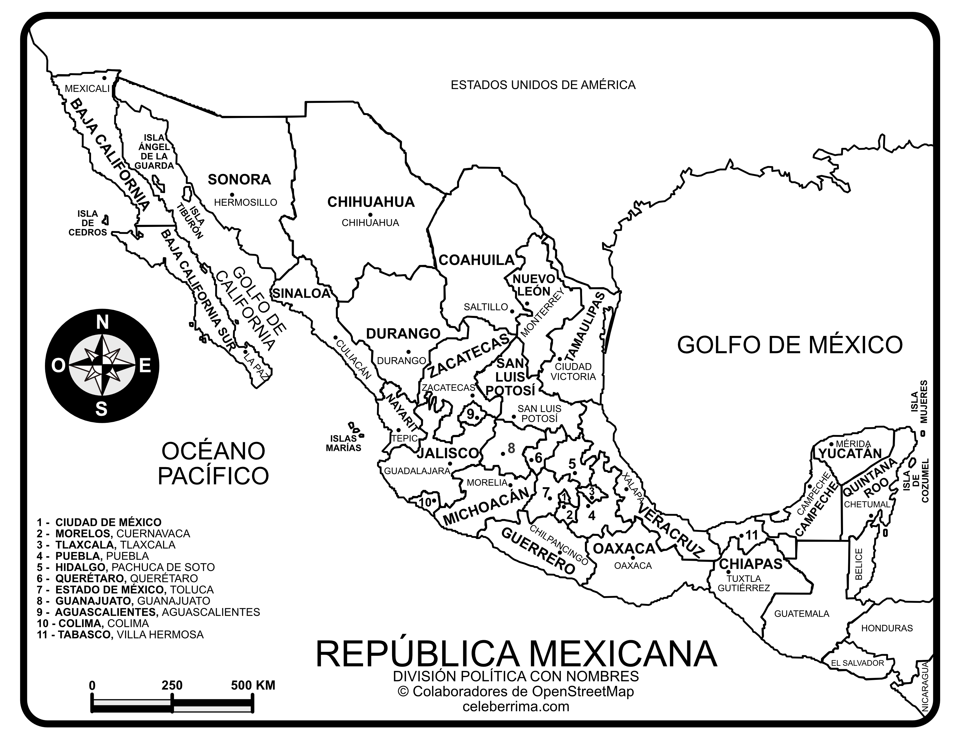 Mapa República Mexicana con nombres y división política para imprimir -  Celebé