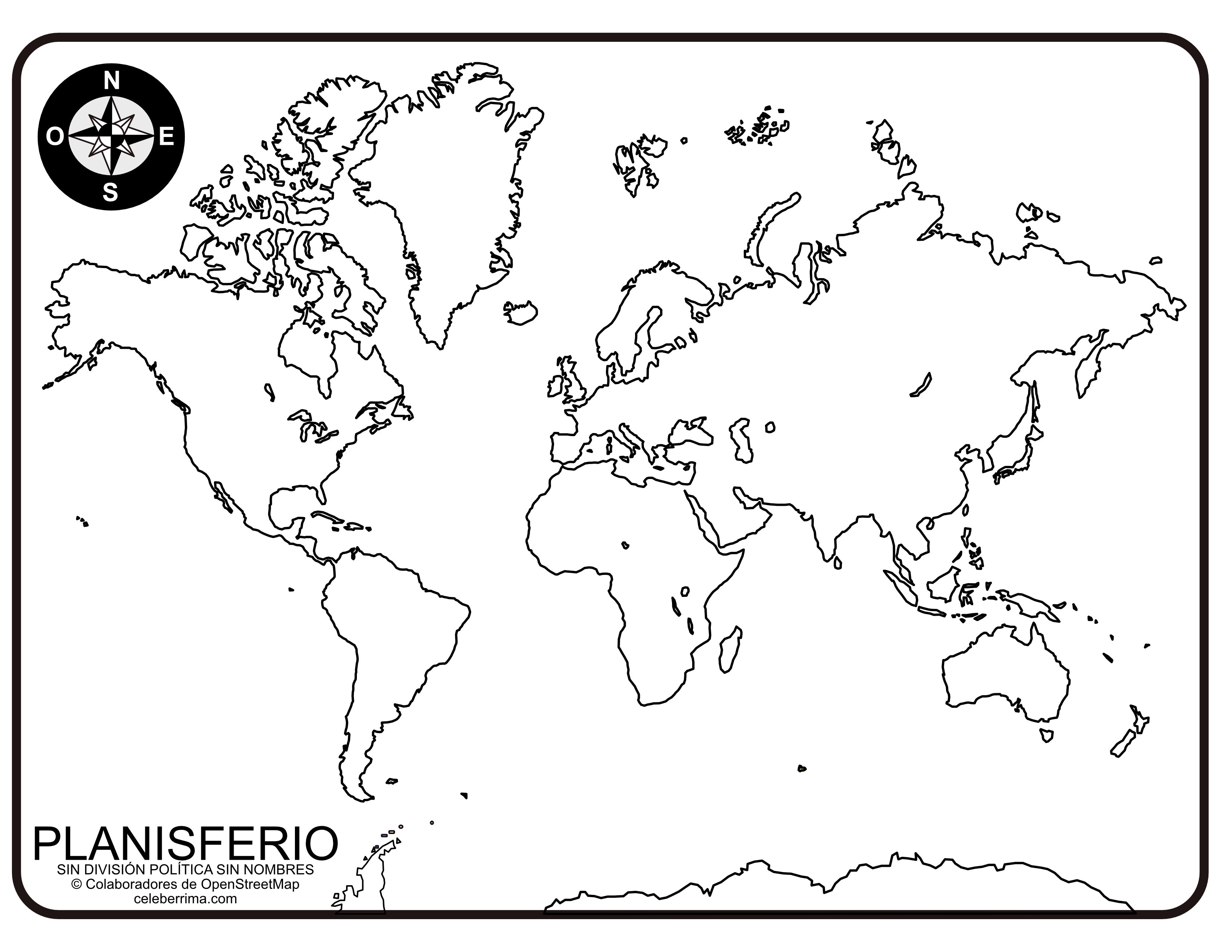 Mapa Mundi Sin Nombres Planisferio sin nombres y sin división política para colorear e imprimir -  Celebérrima.com